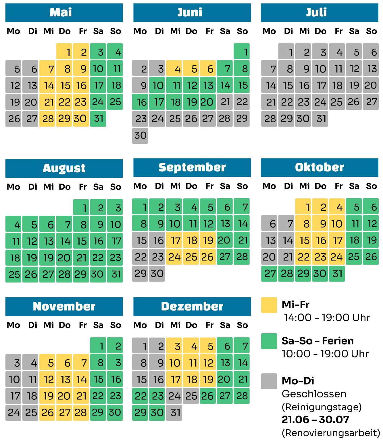 Kalender mit Öffnungszeiten gelistet Mobile