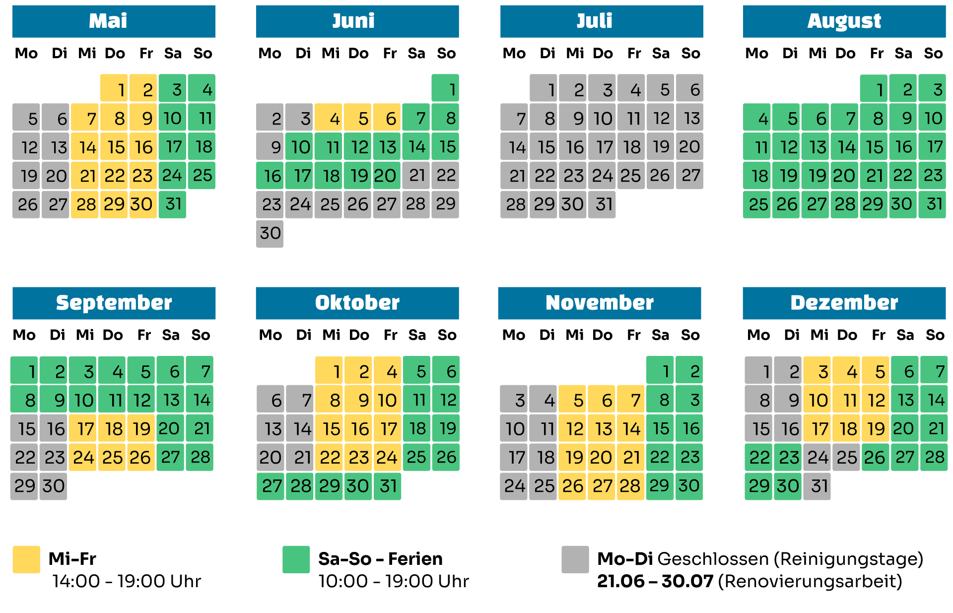 Kalender mit Öffnungszeiten gelistet